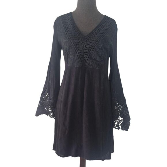 Altar'd State Black Boho Goth Bell Sleeve Lace Mini Dress Size Small - Picture 1 of 8